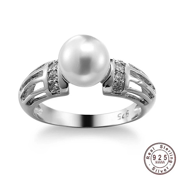 STERLING SILVER PEARL CUBIC ZIRCON RING FRESH WATER - Picture 1 of 15